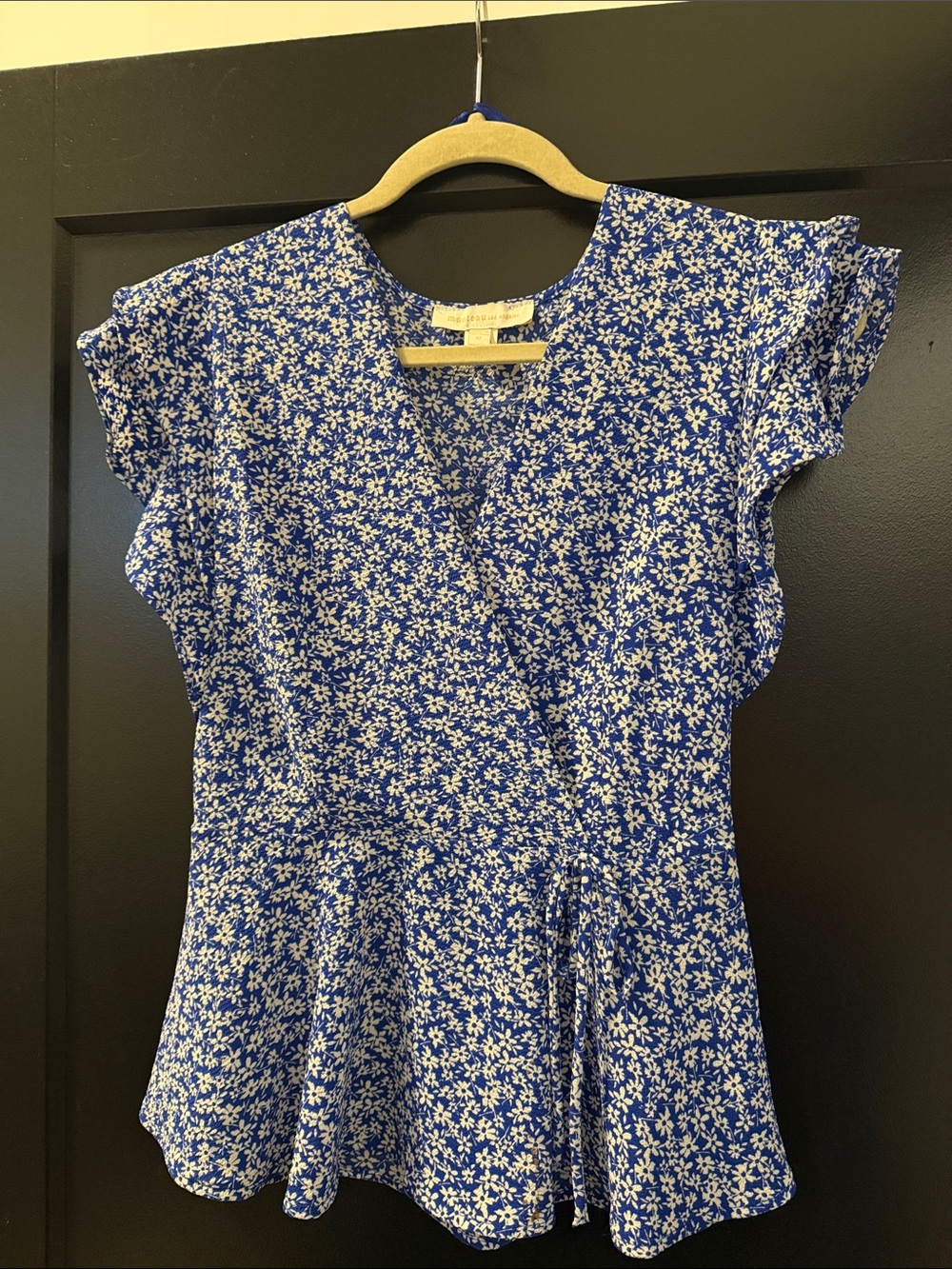 Monteau Royal Blue & White Floral Wrap Peplum Top